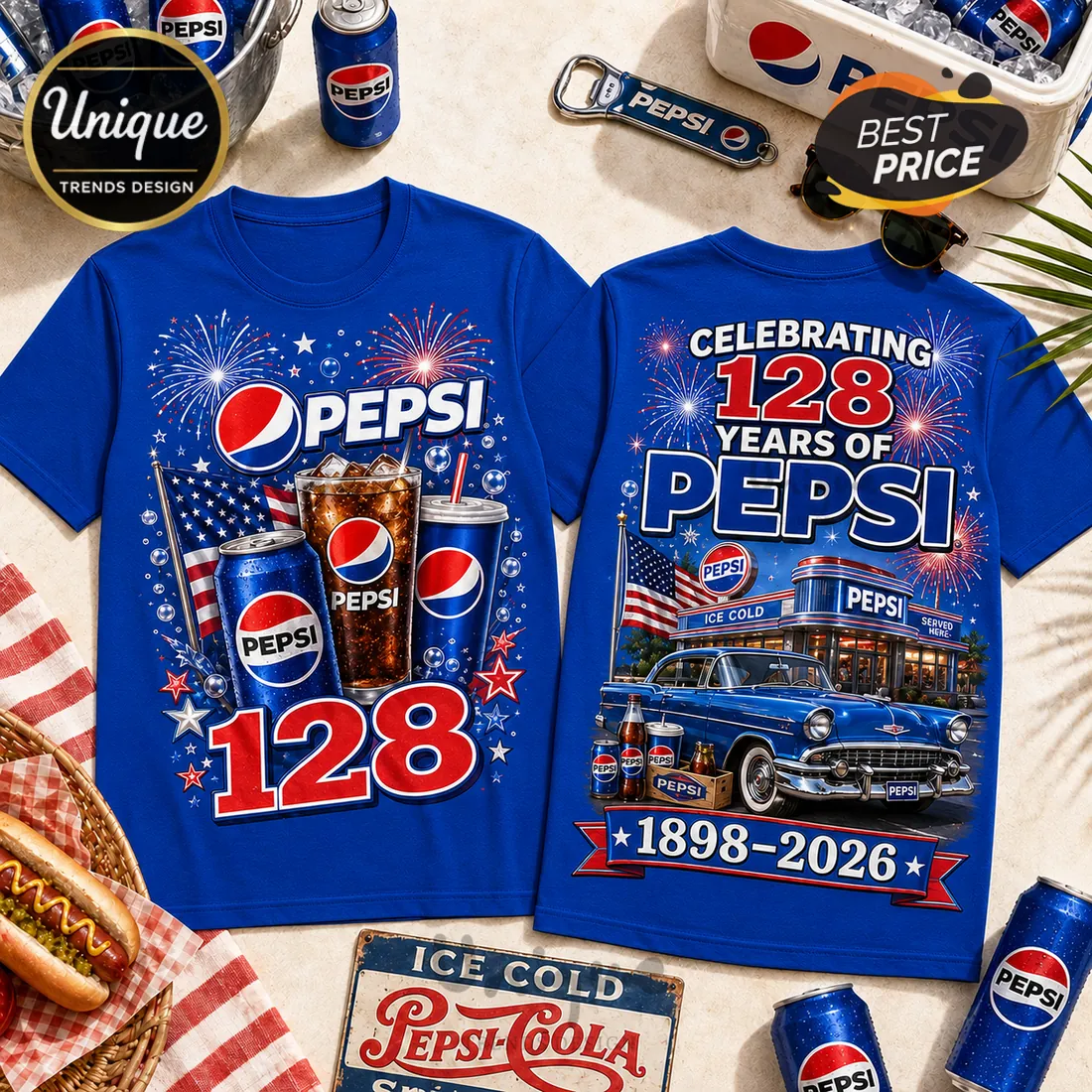 Pepsi 128th Anniversary 1898-2026 Blue T-Shirt Pepsi 128th Anniversary 1898-2026 Blue T-Shirt