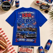 Blue cotton t-shirt featuring 128 years of Pepsi graphic, vintage car, American flag, fireworks, and 1898-2026 text print.!