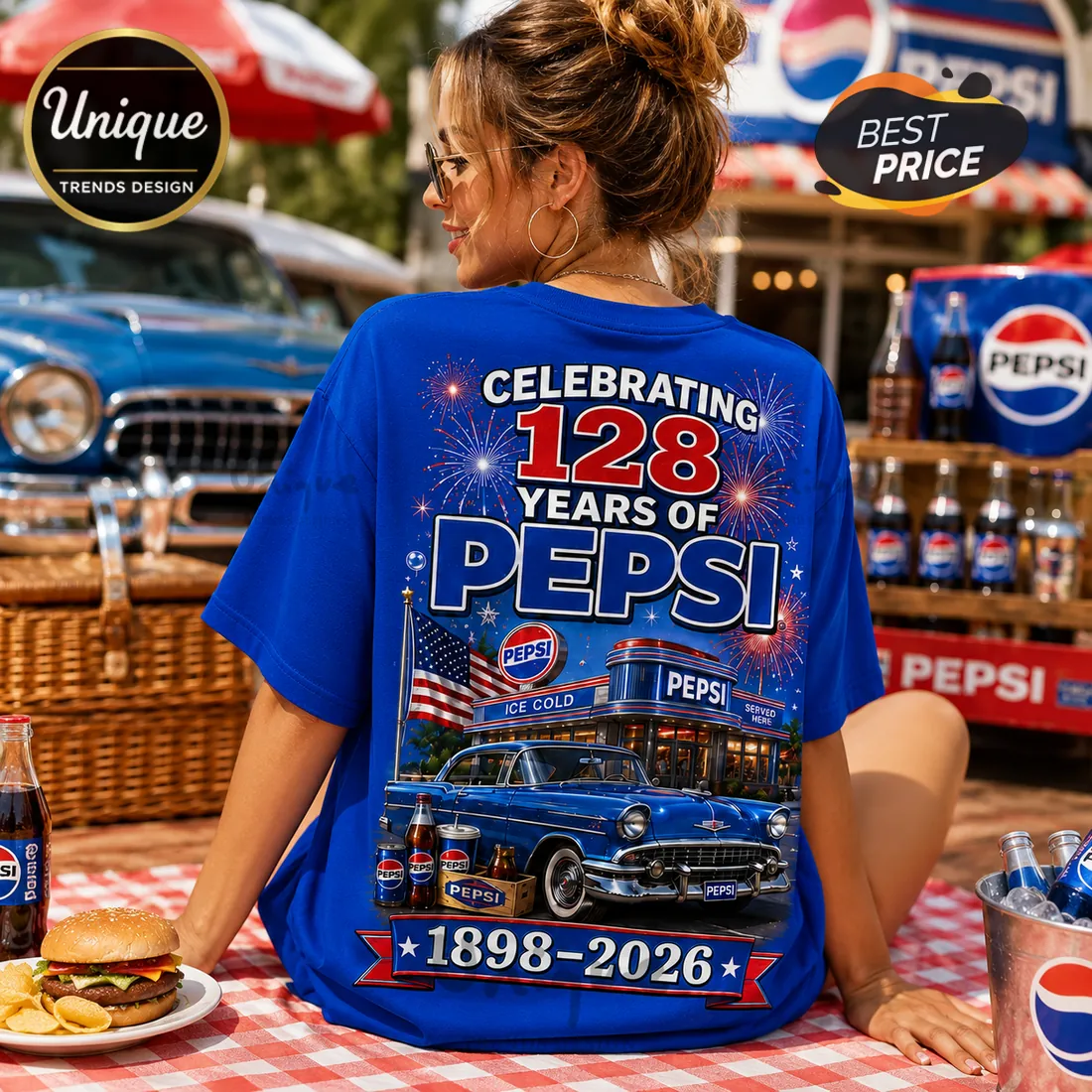 Pepsi 128th Anniversary 1898-2026 Blue T-Shirt Pepsi 128th Anniversary 1898-2026 Blue T-Shirt