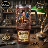 Personalized Wizard Teacher Jessie stainless steel tumbler featuring an illustrated educator with wand and book art.