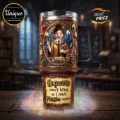 Personalized Wizard Teacher Jessie stainless steel tumbler featuring an illustrated female wizard and magical school decor.