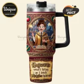 Personalized Wizard Teacher Jessie Stainless Steel Tumbler with a cartoon witch character, potion bottles, and scroll text.