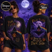 Black vintage-wash t-shirt featuring Pink Floyd prism graphics, jack-o'-lanterns, bats, and a full moon Halloween theme.!