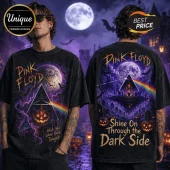 Black vintage-wash t-shirt with Pink Floyd Prism Halloween art, including pumpkins, bats, and a full moon.!