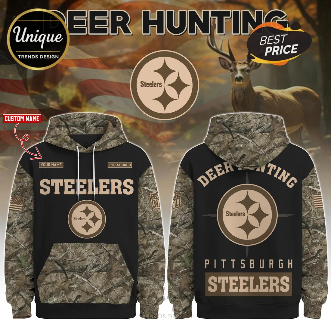 Pittsburgh Steelers Camouflage Deer Hunting Hoodie Pittsburgh Steelers Camouflage Deer Hunting Hoodie