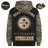 Pittsburgh Steelers hoodie with back graphic reading DEER HUNTING, camo sleeves and hood, and central team logo.!