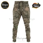 Pittsburgh Steelers joggers with camouflage tree bark print, featuring an NFL logo and Steelers circular team emblem.!