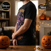 Pokémon Gengar Boo Halloween 2026 T-Shirt featuring a purple Gengar ghost character in a wizard hat on a black cotton tee.