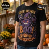 Pokémon Gengar Boo Halloween 2026 T-Shirt featuring Gengar wearing a wizard hat with pumpkins and text on a black tee.