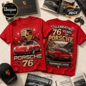 Red Porsche 76th anniversary cotton t-shirt featuring a classic 911 front view and modern 911 rear view graphic prints.!