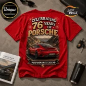 Red cotton t-shirt featuring a Porsche 76th anniversary graphic, winding mountain road, and Performance Legend text.!