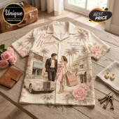 Beige button-down short sleeve shirt featuring a Pretty Woman Rodeo Drive romance print with a vintage car and roses.!