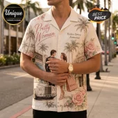 Cream-colored button-down shirt featuring Pretty Woman movie graphics, palm trees, pink roses, and luxury shopping bags.!
