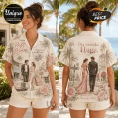 Beige button-up shirt featuring Pretty Woman movie motifs, Rodeo Drive scenery, floral patterns, and film quote text.!