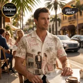 Man wearing a cream button-down shirt with a Pretty Woman movie print featuring palm trees, a classic car, and film motifs.!