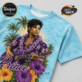 Prince Hawaiian Purple Floral T-Shirt featuring Prince playing a guitar on a beach with palms and hibiscus flowers.