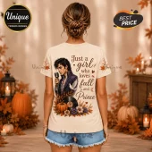 Prince Purple Rain Autumn Portrait T-Shirt features a music icon graphic, pumpkins, and falling leaves on a beige fabric.
