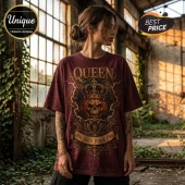Maroon t-shirt featuring a Queen rock band logo, a skull wearing a crown, and the text We Will Fright You.!