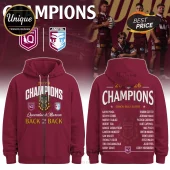Maroon zip-up hoodie featuring 2026 Queensland Maroons champions graphics, player names, and team crests on front and back.!