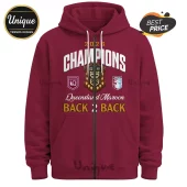 Maroon zip-up hoodie featuring 2026 Champions Queensland Maroons text, gold shield emblem, and back-to-back branding.!