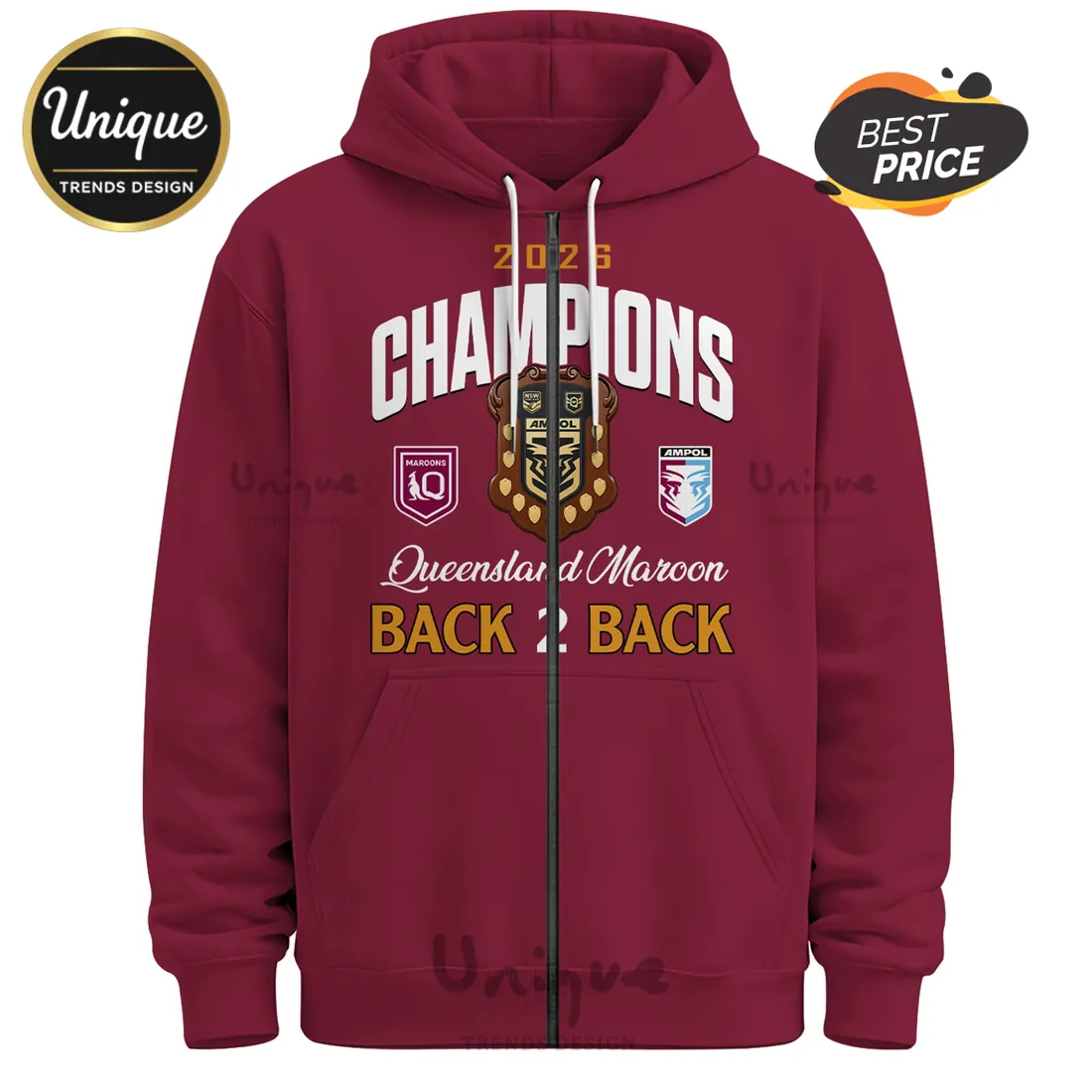 Queensland Maroons 2026 Champions Maroon Zip Hoodie Queensland Maroons 2026 Champions Maroon Zip Hoodie