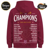 Maroon hoodie featuring 2026 Queensland Maroons rugby team champions print with player names and Billy Slater coach credit.!