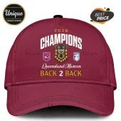 Maroon baseball cap featuring 2026 Queensland Maroons Champions graphic, Ampol shield, and BACK 2 BACK text embroidery.!