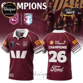 Queensland Maroons rugby jersey in maroon with white collar, displaying sponsors Ampol, Shell, Ford, and number 26 on back.!