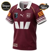 Queensland Maroons rugby jersey in maroon with white collar, Puma logo, Ampol sponsor patch, and XXXX sleeve branding.!
