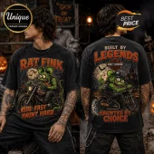 Rat Fink Harley-Davidson Haunt Hard T-shirt in charcoal gray, featuring a green cartoon rodent riding a motorcycle.