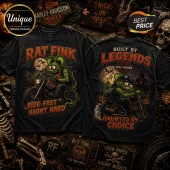 Rat Fink Harley-Davidson Haunt Hard T-shirt with green monster character riding a motorcycle on dark cotton fabric.