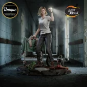 Heather Mason Silent Hill statue holding flashlight and pistol on hospital-themed base with bloodied textures.!