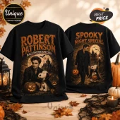 Robert Pattinson Snoopy Halloween Spooky Night T-Shirt featuring graphic prints on black cotton fabric.