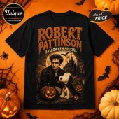 Robert Pattinson Snoopy Halloween Spooky Night T-Shirt features a graphic of the actor and Snoopy in front of a castle.