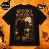 Robert Pattinson Snoopy Halloween Spooky Night T-Shirt featuring a vampire character and dog with jack-o'-lanterns.