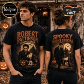 Robert Pattinson Snoopy Halloween Spooky Night T-Shirt featuring a gothic castle, full moon, and pumpkins on black cotton.