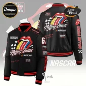 Black racing bomber jacket featuring Rolling Stones tongue logo, checkered flags, and NASCAR branding with red striped trim.!