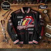 Black Rolling Stones NASCAR varsity jacket with embroidered tongue logo, checkerboard patterns, and red striped ribbed trim.!