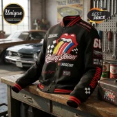 Black Rolling Stones NASCAR racing bomber jacket with red and white striped cuffs, tongue logo, and patch details.!