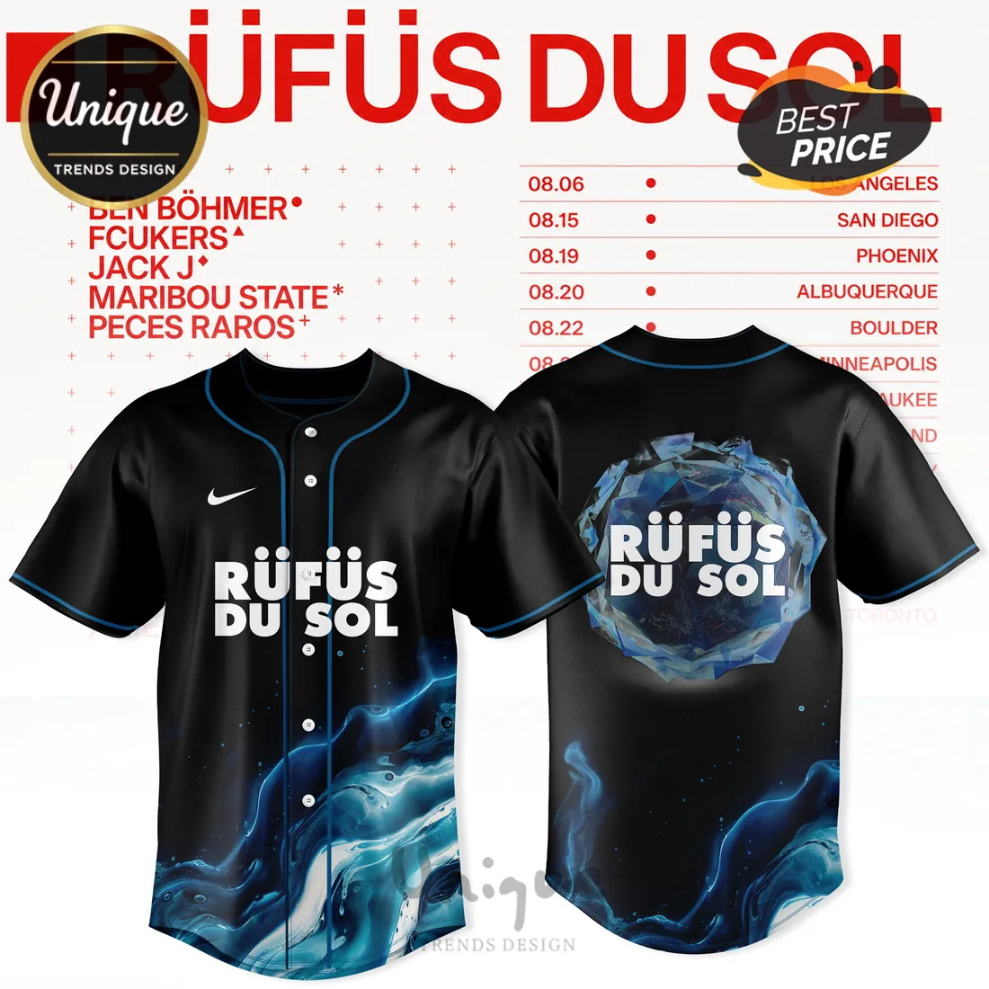Rufus Du Sol 2026 Tour Black Abstract Baseball Jersey Rufus Du Sol 2026 Tour Black Abstract Baseball Jersey