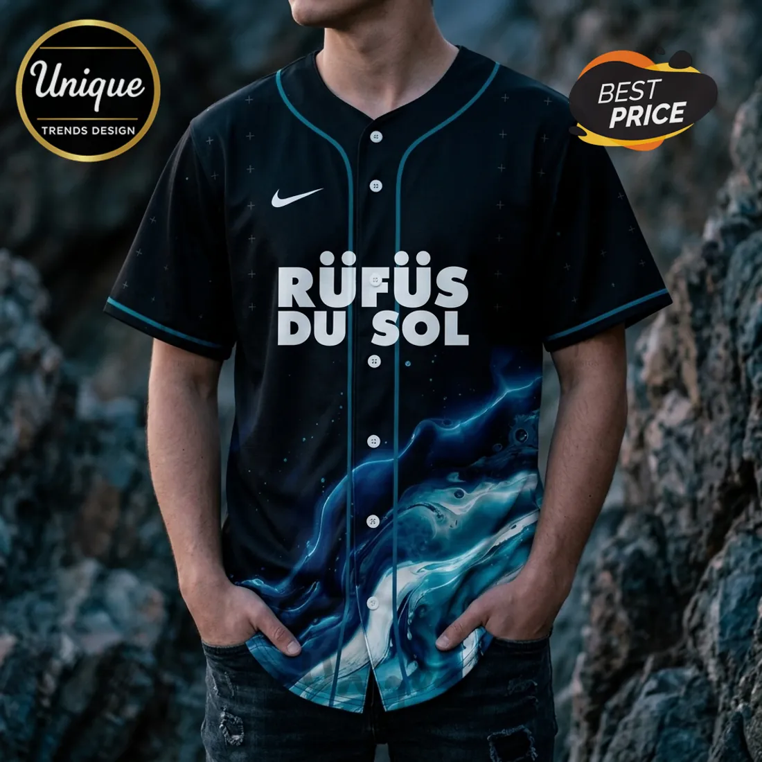 Rufus Du Sol 2026 Tour Black Abstract Baseball Jersey Rufus Du Sol 2026 Tour Black Abstract Baseball Jersey