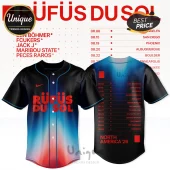 Rufus Du Sol baseball jersey featuring a black, blue, and red gradient with tour dates and North America 26 text.!