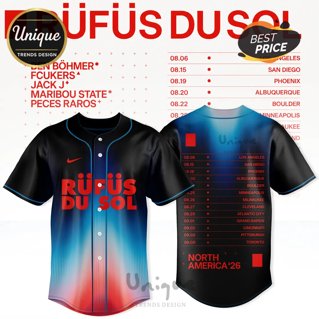 Rufus Du Sol North America 2026 Tour Baseball Jersey Rufus Du Sol North America 2026 Tour Baseball Jersey