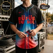 Rufus Du Sol baseball jersey featuring a black to blue to red gradient, button-down front, and large orange lettering.!