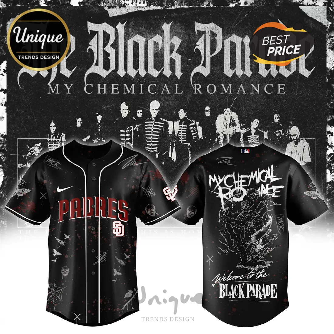 San Diego Padres x My Chemical Romance Black Parade Baseball Jersey San Diego Padres x My Chemical Romance Black Parade Baseball Jersey
