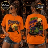 Scooby-Doo Halloween Haunted Mystery Machine orange t-shirt featuring a spooky mansion, van, and magnifying glass print.