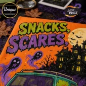 Scooby-Doo Halloween Haunted Mystery Machine orange t-shirt featuring green and purple text over a spooky mansion scene.