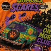 Scooby-Doo Halloween Haunted Mystery Machine orange T-shirt with ghost, spooky mansion, and groovy floral graphics.