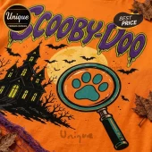 Scooby-Doo Halloween Haunted Mystery Machine orange t-shirt featuring a spooky house, full moon, bats, and a magnifying glass.