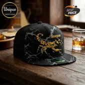 Black flat-brim cap featuring a grey marble pattern and an embroidered yellow scorpion with the word Scorpion text.!